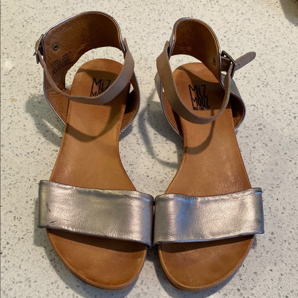 Miz Mooz Silver and Brown Sandals with Metallic Straps